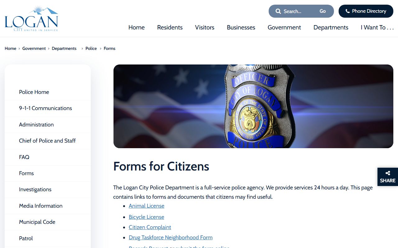 Logan inmate population screenshot of the Logan police records forms page