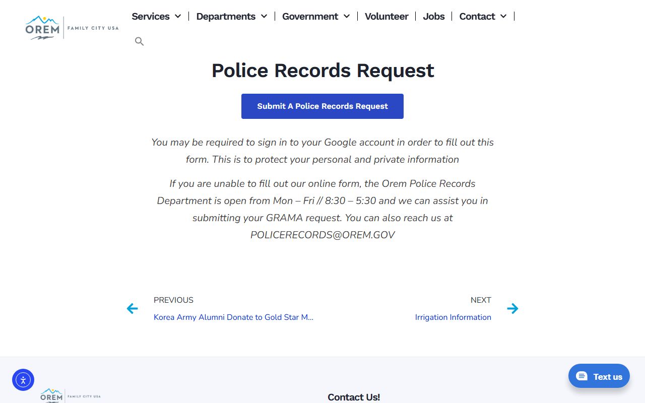 Orem inmate population screenshot of the Orem police records request page