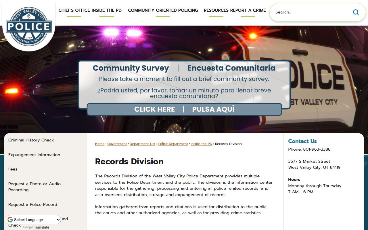 West Valley City inmate population screenshot of the West Valley City records division page