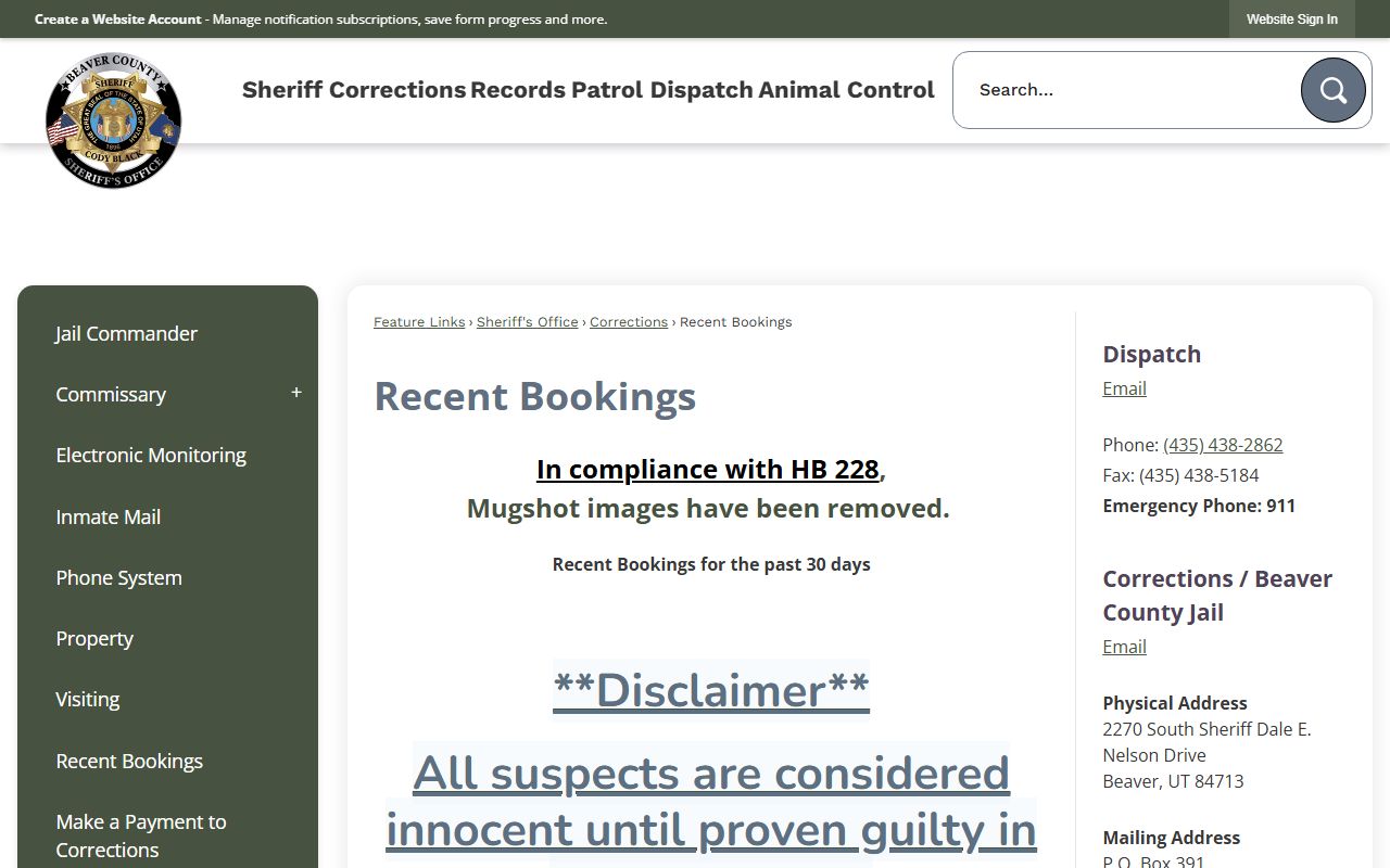 Beaver County inmate population recent bookings page