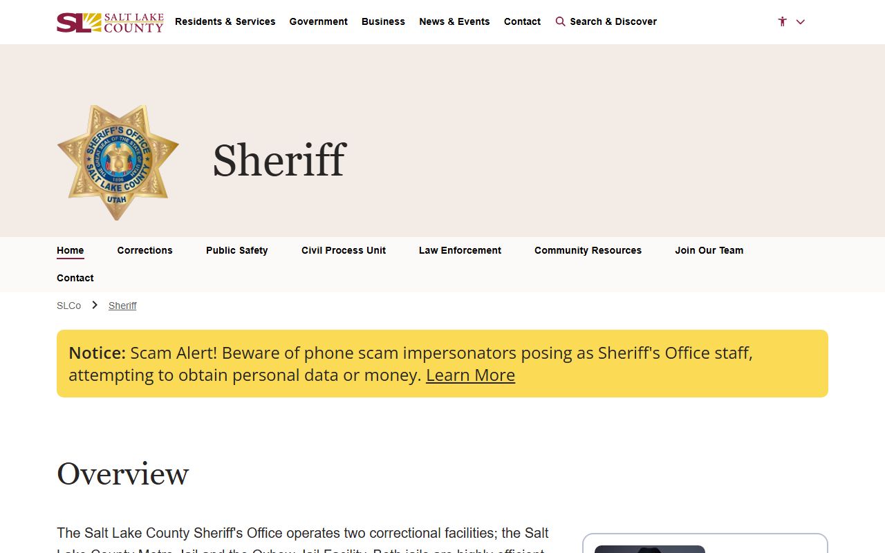 Salt Lake County inmate population page for the sheriff office main site