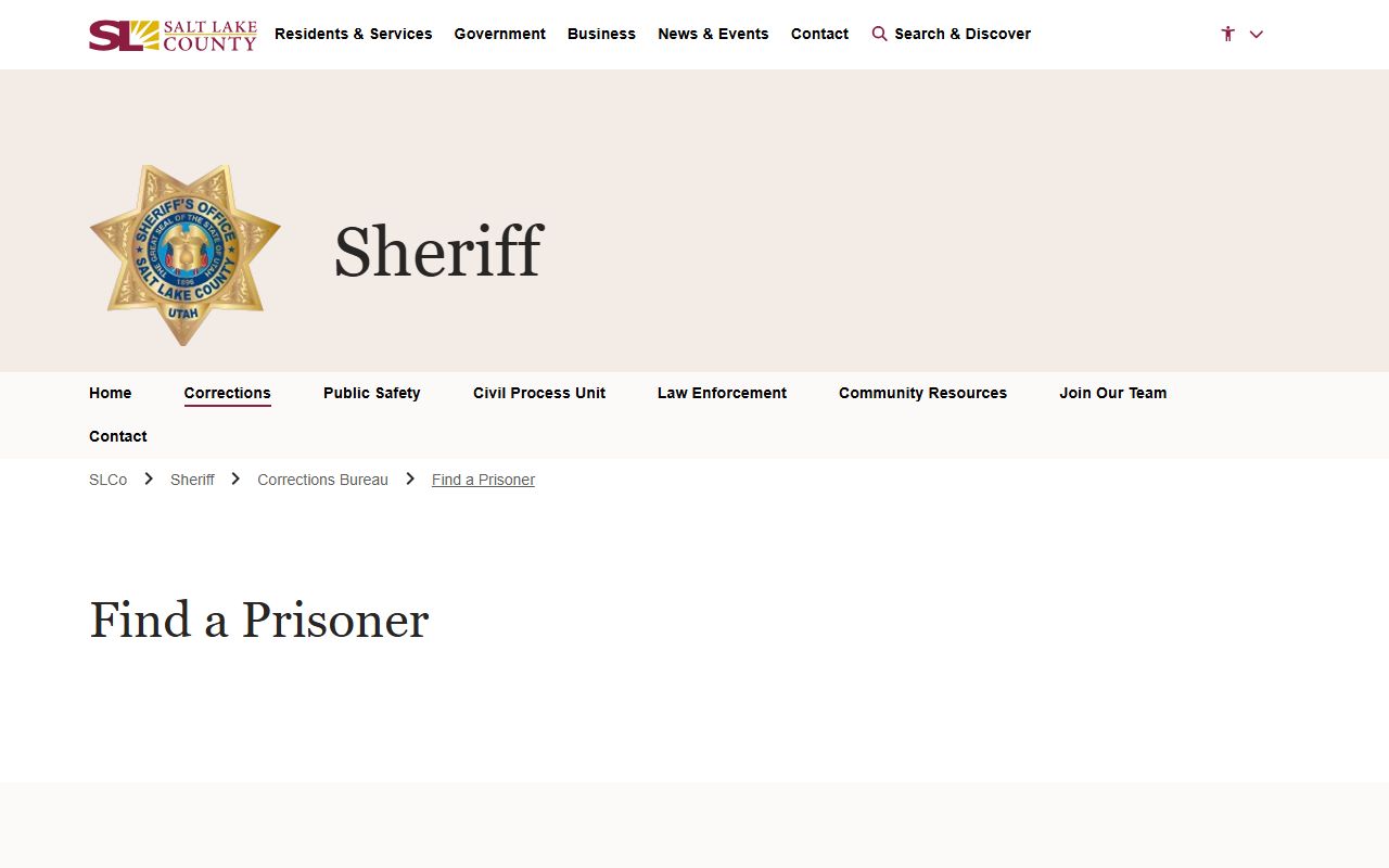 Sandy inmate population screenshot of the Salt Lake County inmate search page