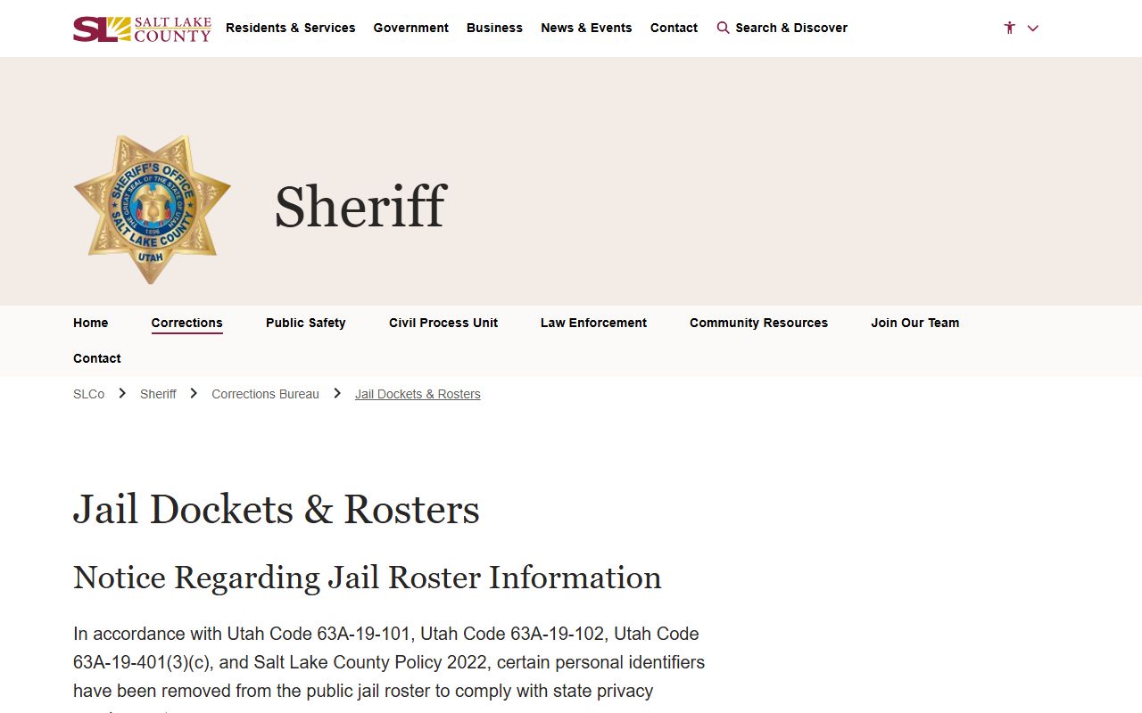 Salt Lake County inmate population docket page for recent jail records