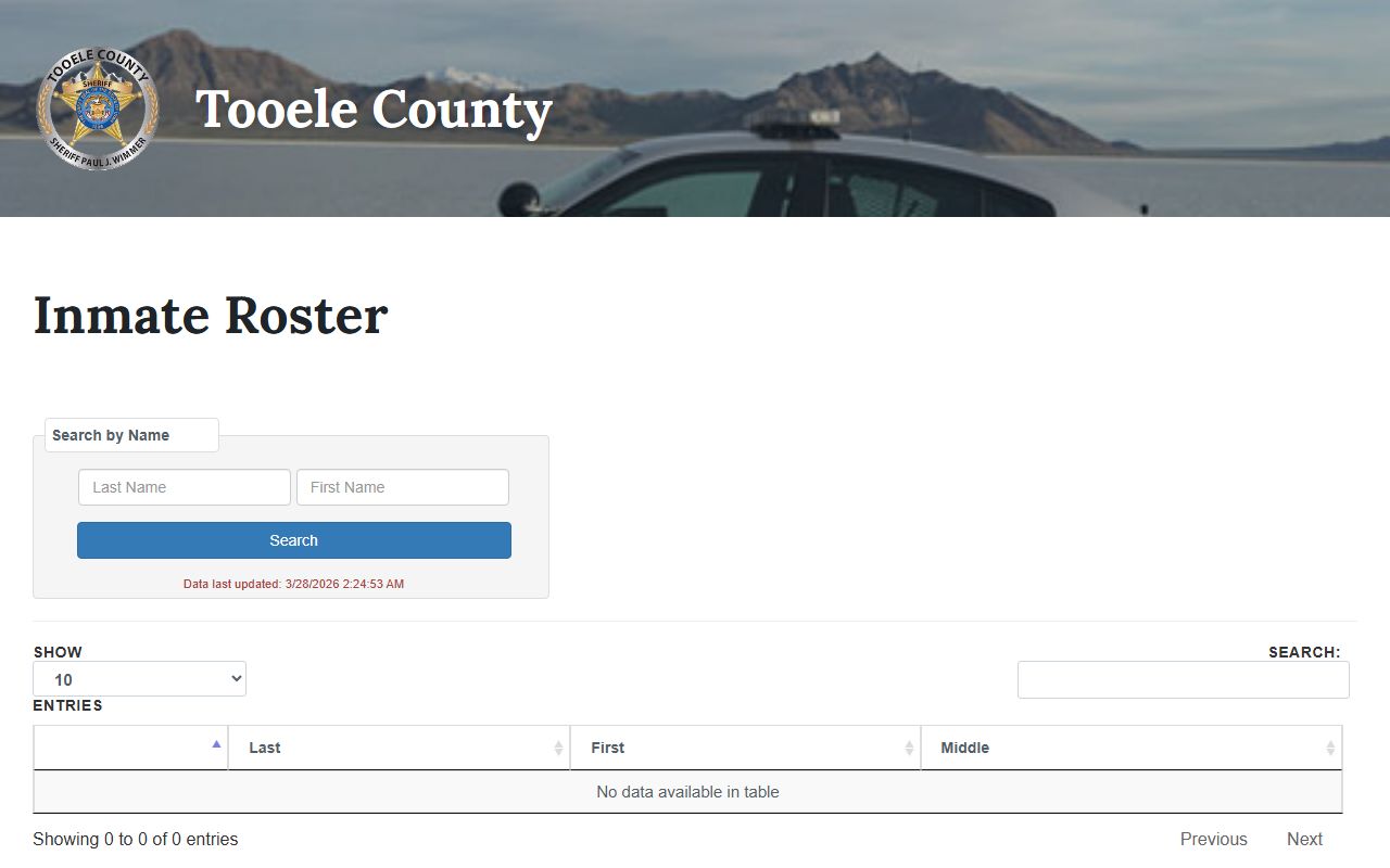 Tooele County inmate population roster search page for current inmates