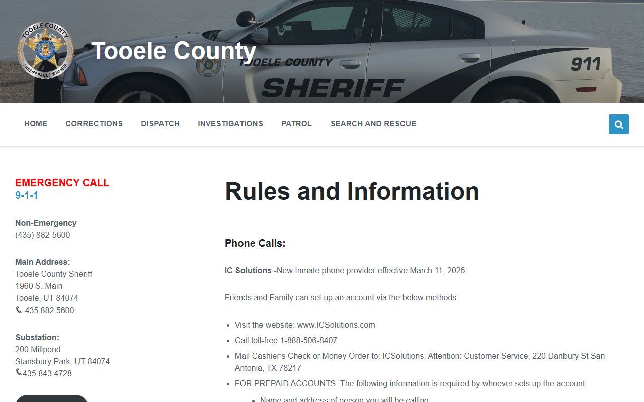Tooele County inmate population rules page for jail information
