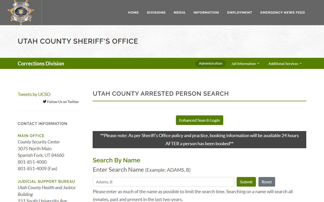 Utah County inmate population search page for booking lookup