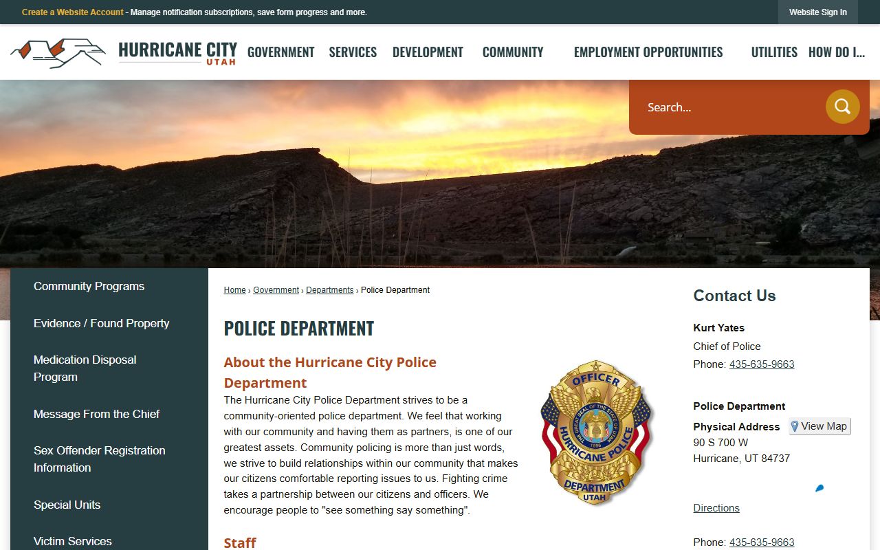 Washington County inmate population page for Hurricane police