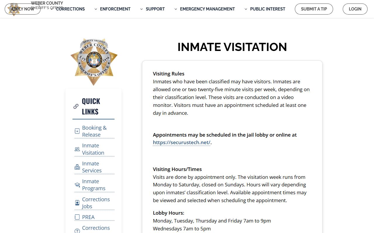 Weber County inmate population page for visitation information