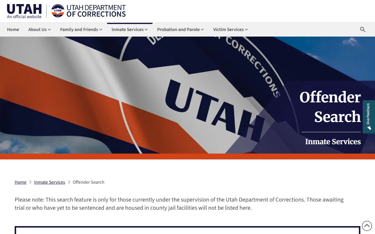 Utah inmate population screenshot of the Utah Department of Corrections offender search tool