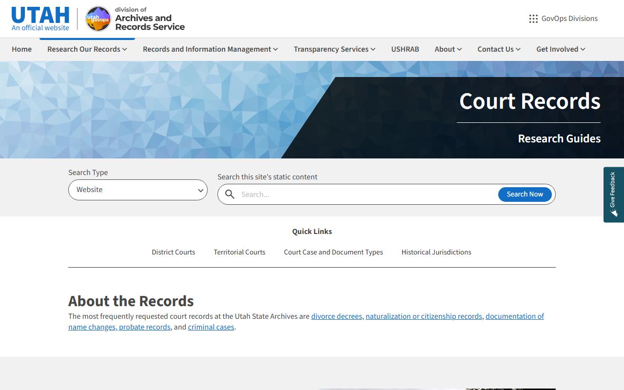 Utah inmate population screenshot of the Utah State Archives court records page